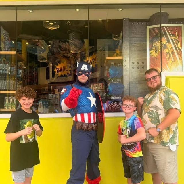 A family with Captain America at Universal Studios