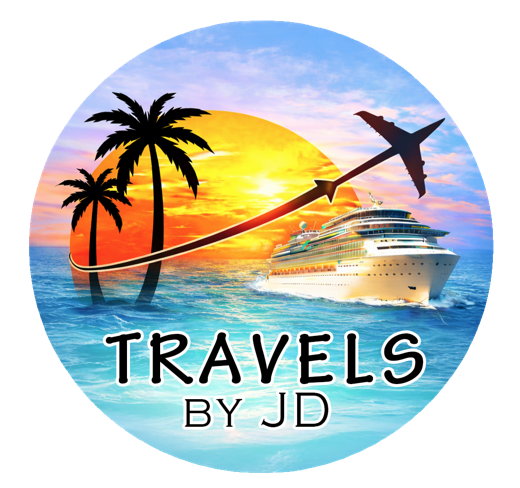 Travels by JD logo: palm trees and a cruise ship at sunset with an airplane overhead